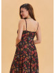 Thin Strap Waist Tie Black Floral Dress 4549